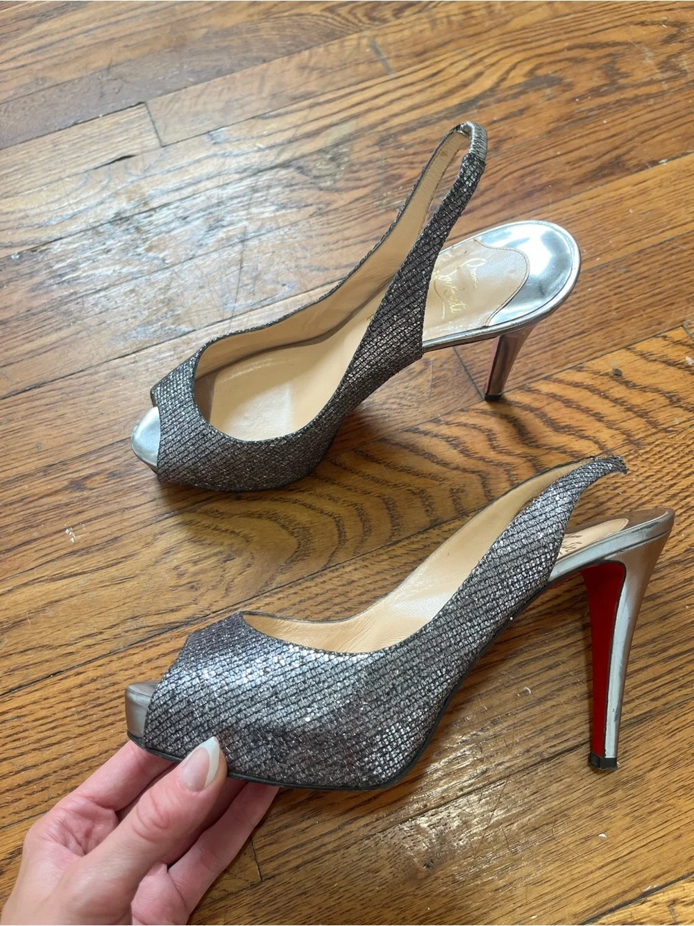 Christian Louboutin Metallic Silver Slingback Peep-Toe Heels with Red Soles